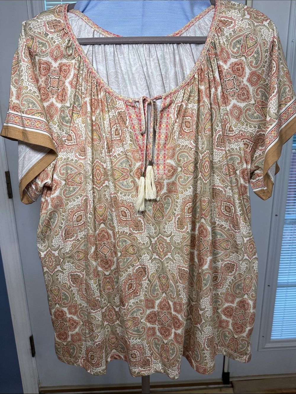 Paisley Tie-Neck Peasant Blouse in Cream, Tan & Soft Green